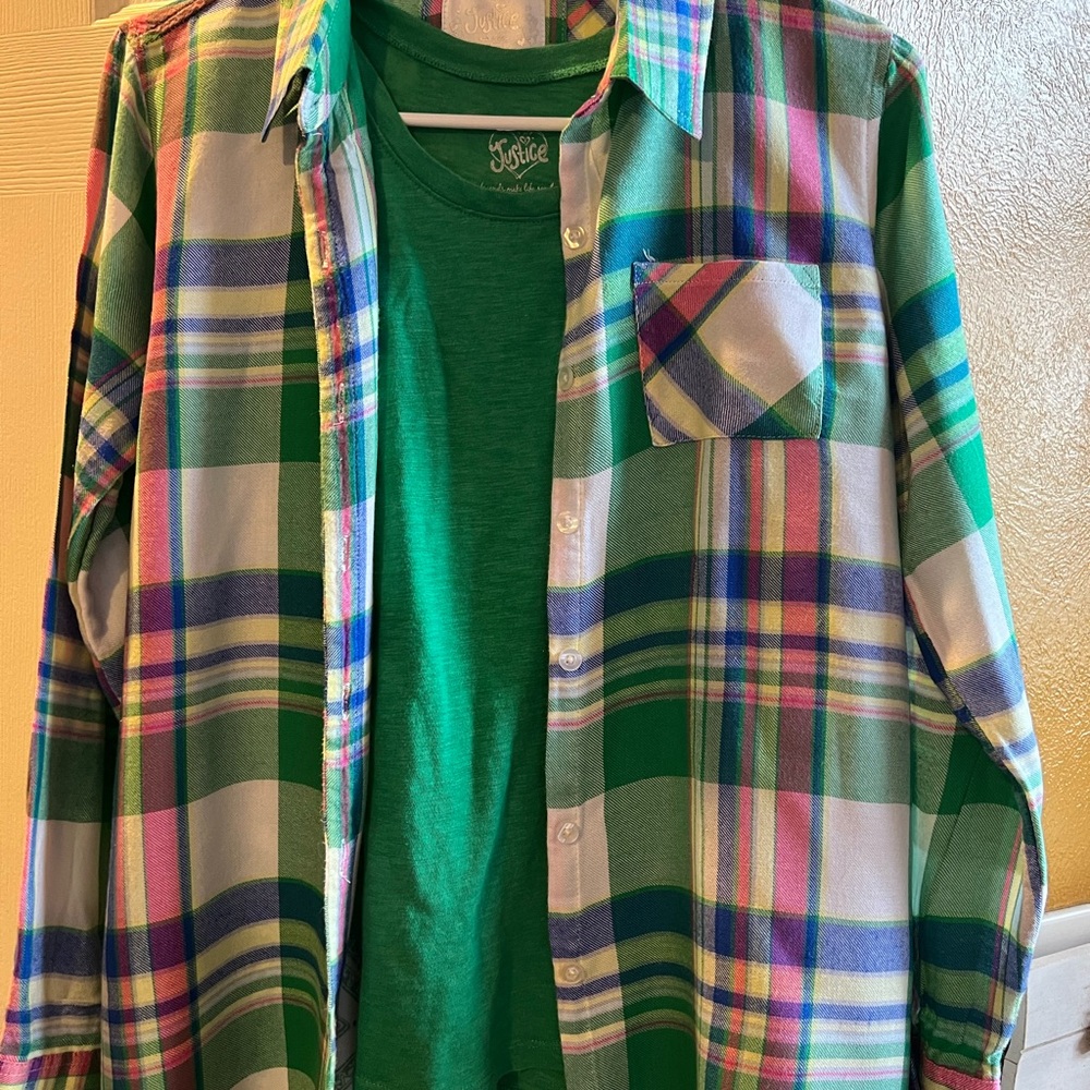 Justice For girls green shirt sz. 14. Multicolored shirt sz. 16